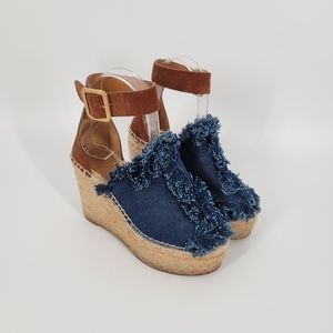 Chloe Denim Stretch Crosta Castoro Espadrille Wedges Size 35 with Box Dustbag
